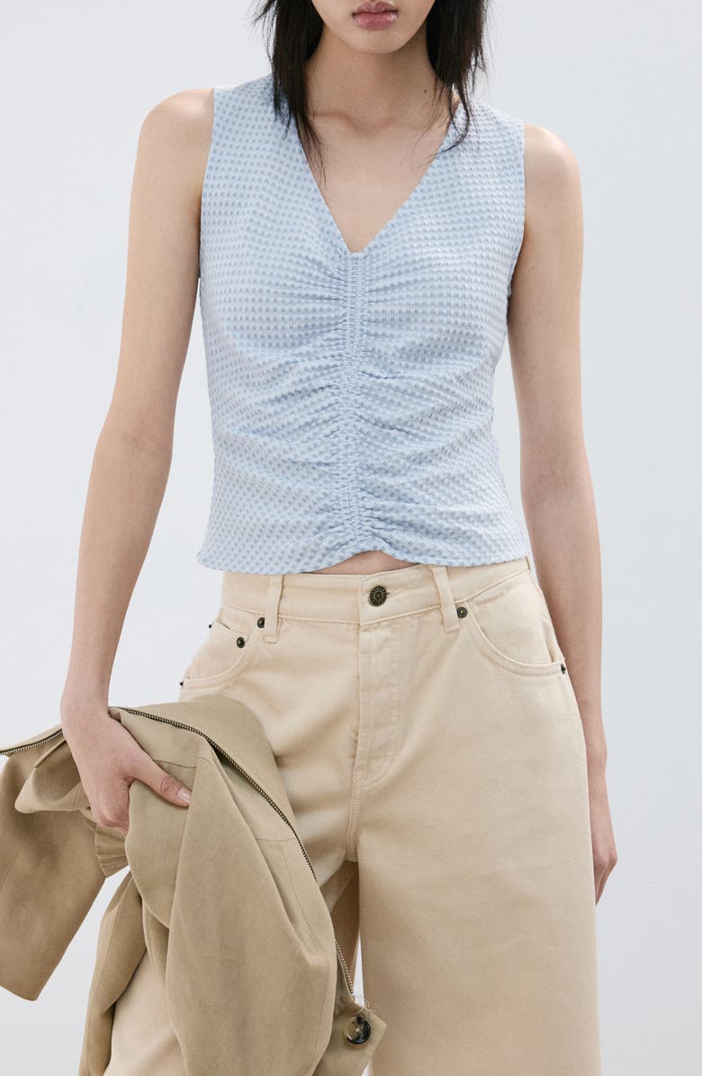 MANGO Micro Check Ruched Cotton Blend Top, Main, color, Sky Blue
