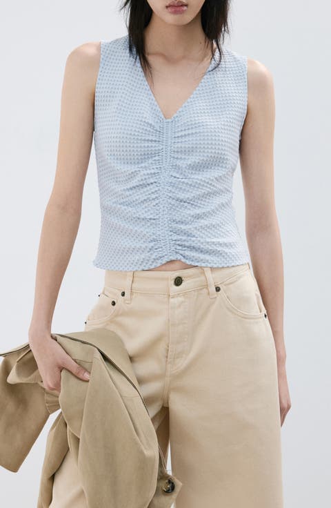 Micro Check Ruched Cotton Blend Top