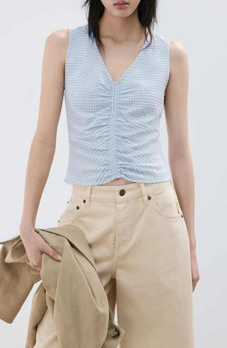 Micro Check Ruched Cotton Blend Top