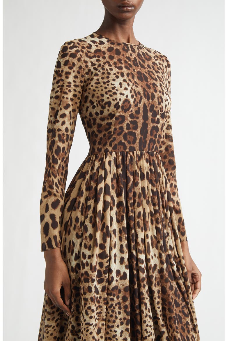 Leopard Print Long Sleeve Stretch Silk Midi Dress, Alternate, color, LEO NEW