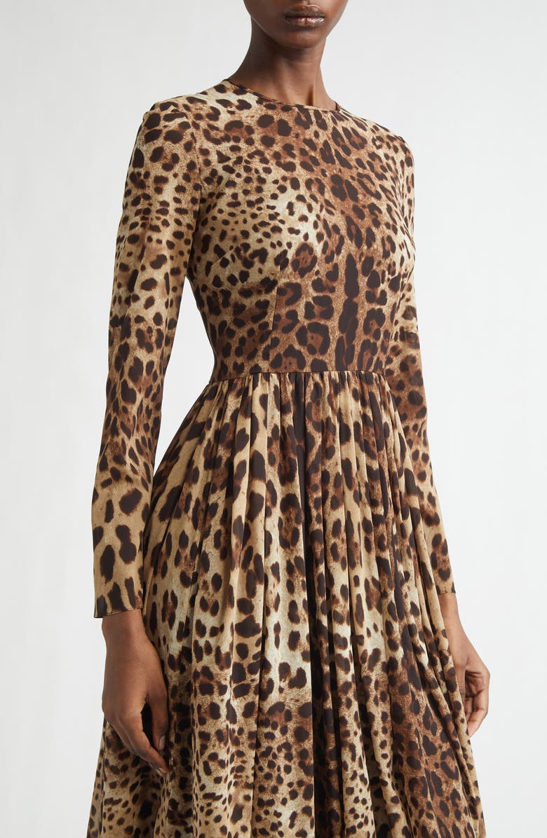 Dolce&Gabbana Leopard Print Long Sleeve Stretch Silk Midi Dress, Alternate, color, Leo New