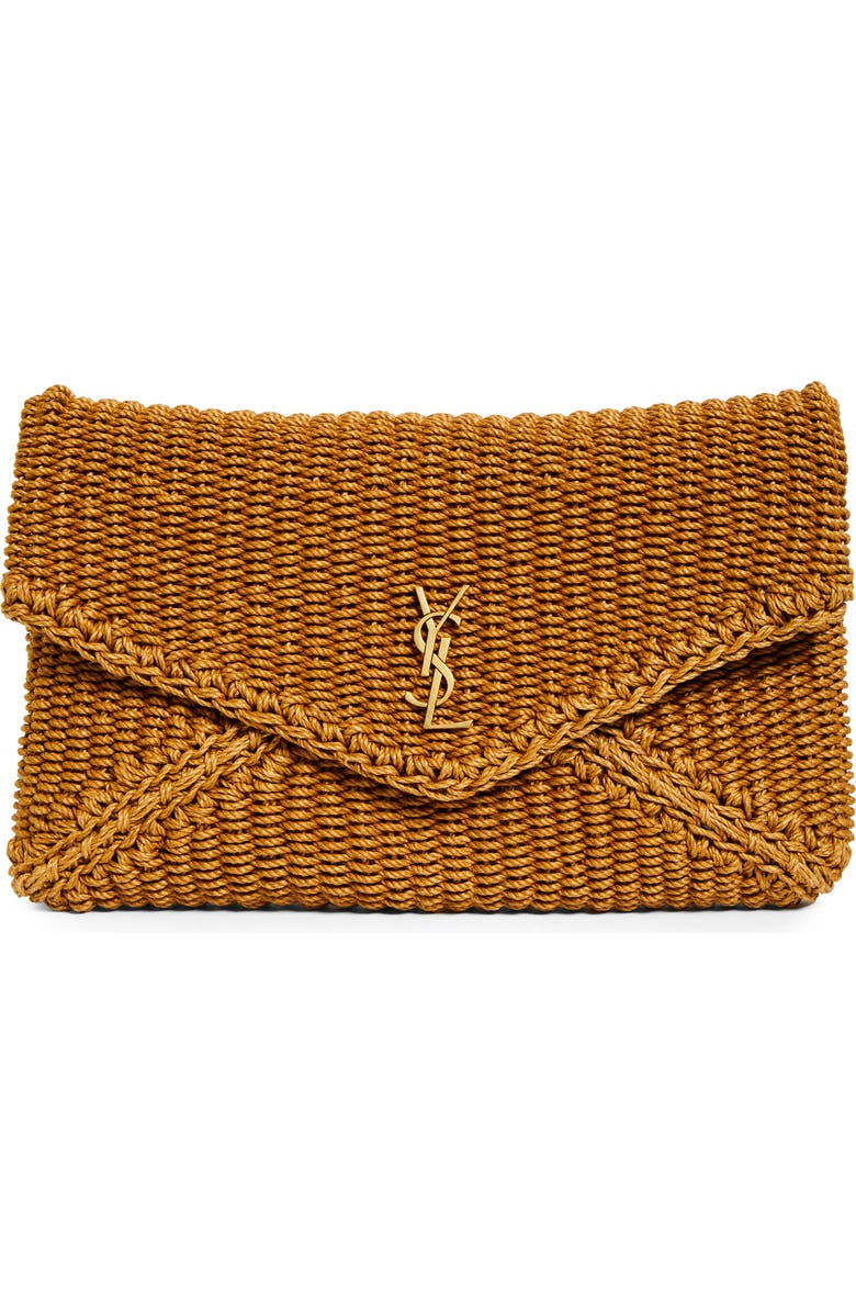 Saint Laurent Large Woven Raffia Envelope Clutch, Main, color, Light Brownie