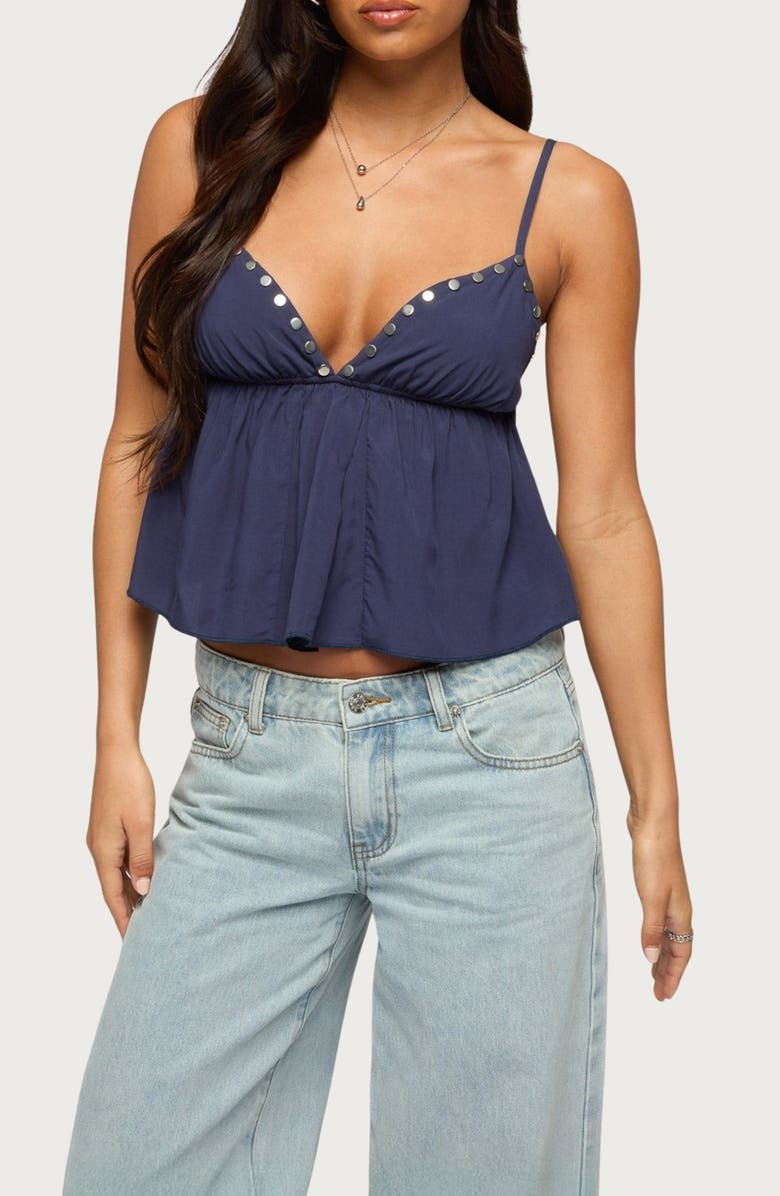 EDIKTED Alina Studded Crop Babydoll Camisole, Main, color, 