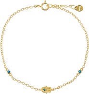 BY ADINA EDEN Sapphire Blue CZ Bezel Hamsa Charm Bracelet