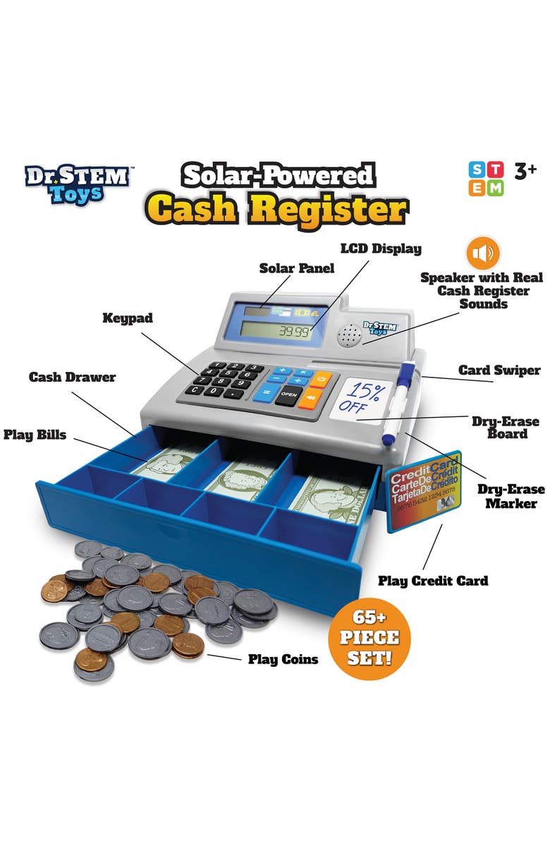 Dr. STEM Toys Dr. Stem Solarpowered Cash Register Gray 68Pc Store & Shopping Roleplay, Alternate, color,