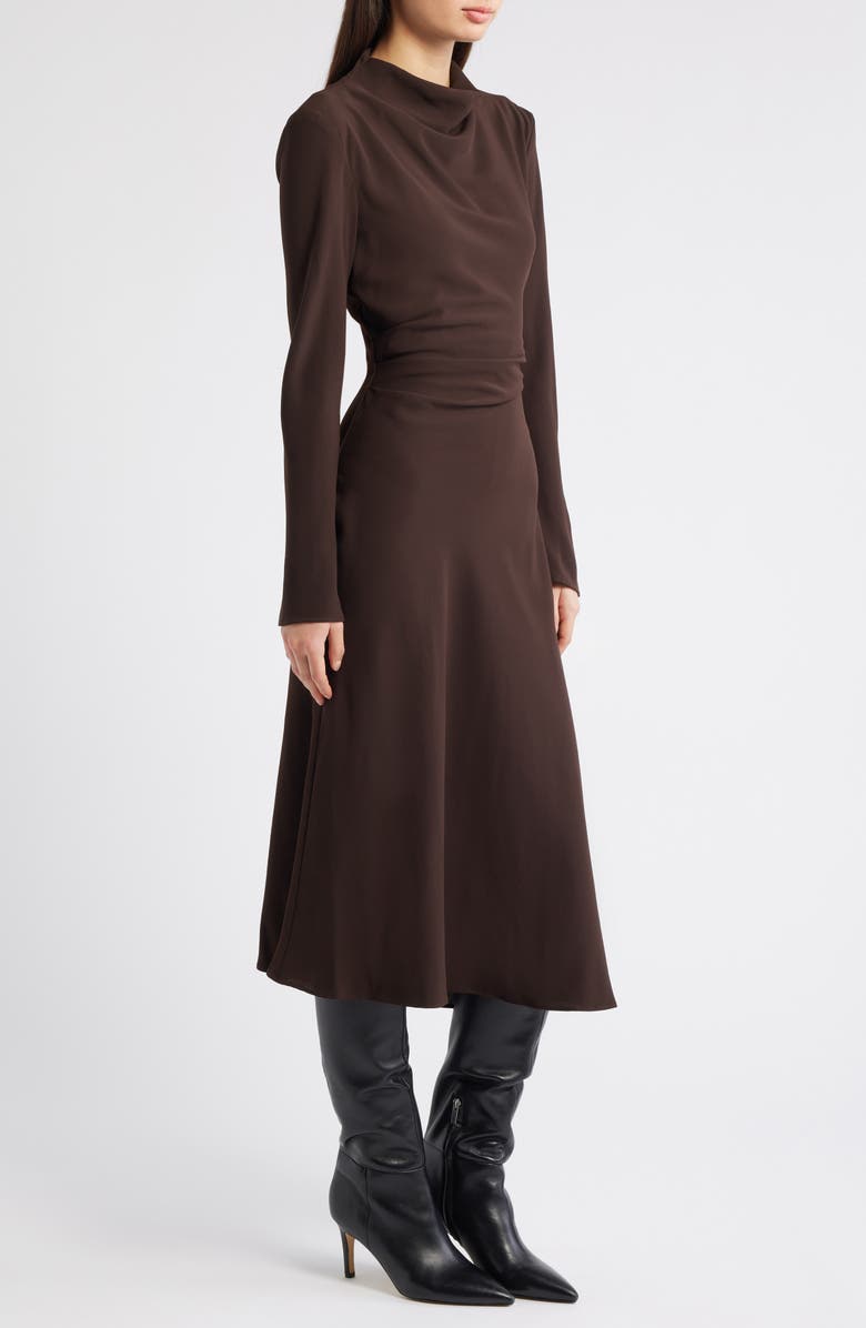 MANGO Caro Ruched Long Sleeve Midi Dress, Alternate, color, Chocolate