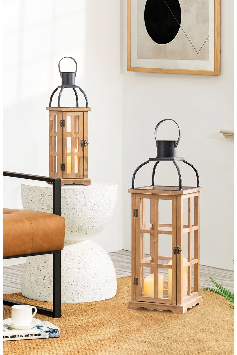 Set of 2 Farmhouse Vintage Wood & Metal Lanterns Candle Holders with Hanger, Alternate, color, Brown
