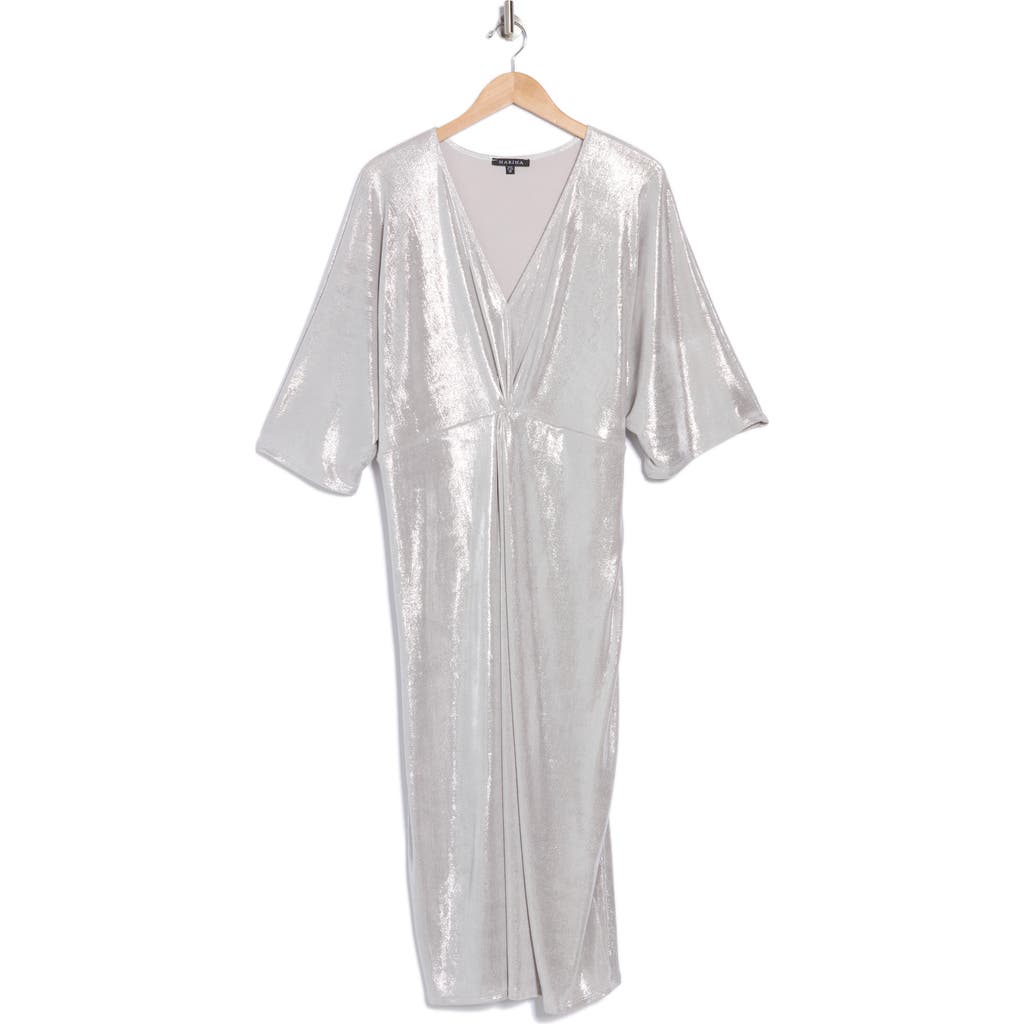 Marina Metallic Short Sleeve Midi Dress In Silver