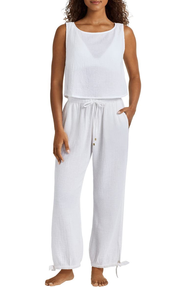 Sleeveless Cotton Top & Wide Leg Pants Cover-Up Set, Main, color, WHITE