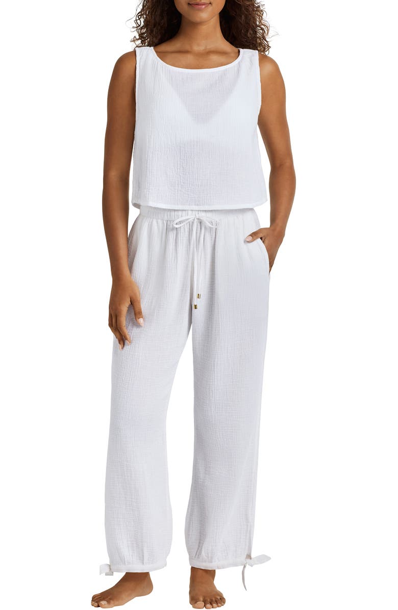 Lauren Ralph Lauren Sleeveless Cotton Top & Wide Leg Pants Cover-Up Set, Main, color, White