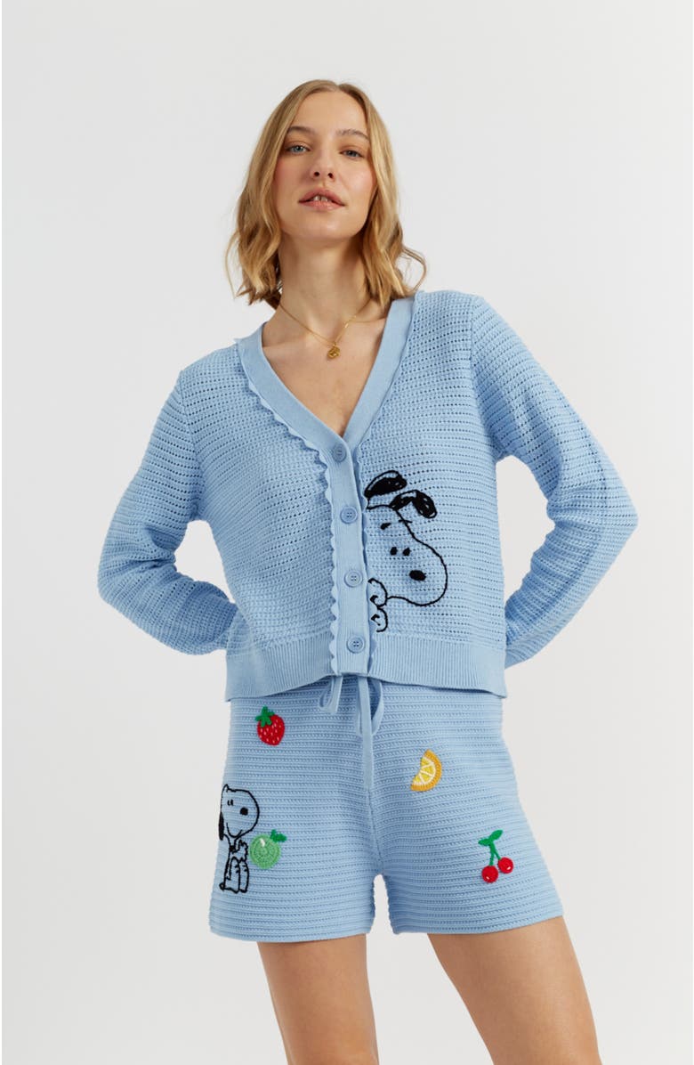 Chinti & Parker Cotton Snoopy Crochet Peekabo Cardigan, Main, color, Light Blue