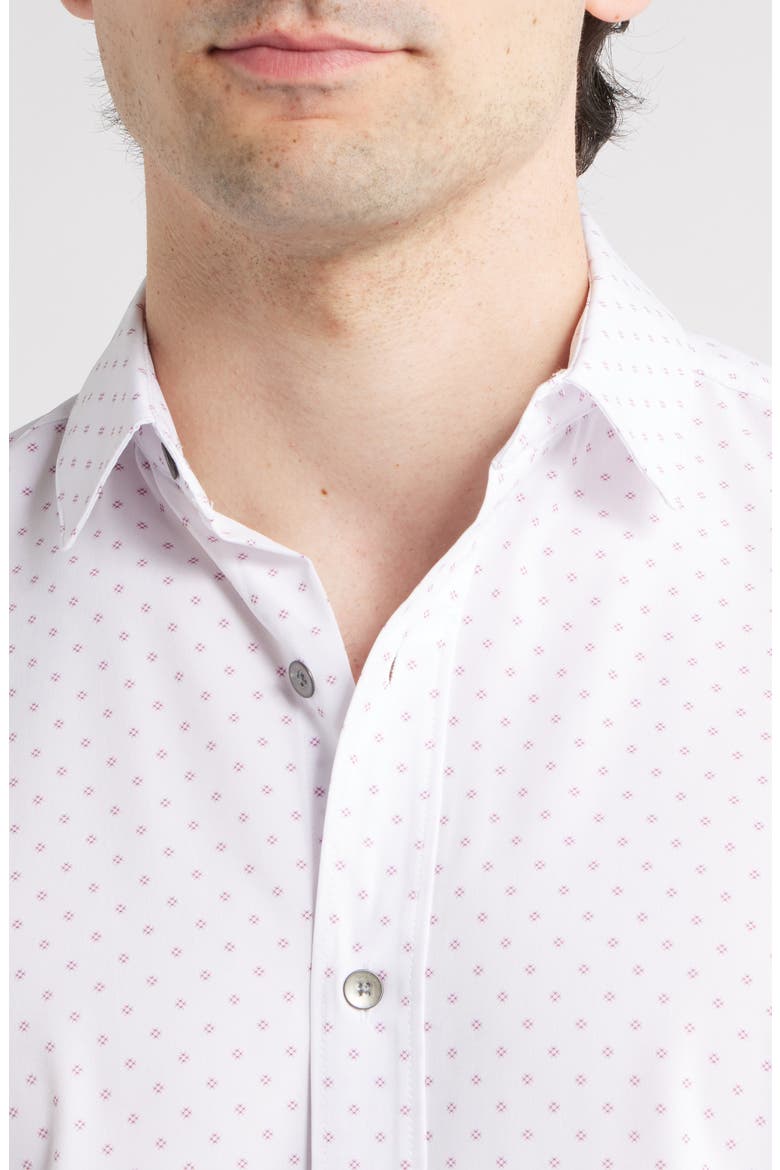 Trim Fit Hashtag Print Short Sleeve Performance Button-Up Shirt, Alternate, color, PINK