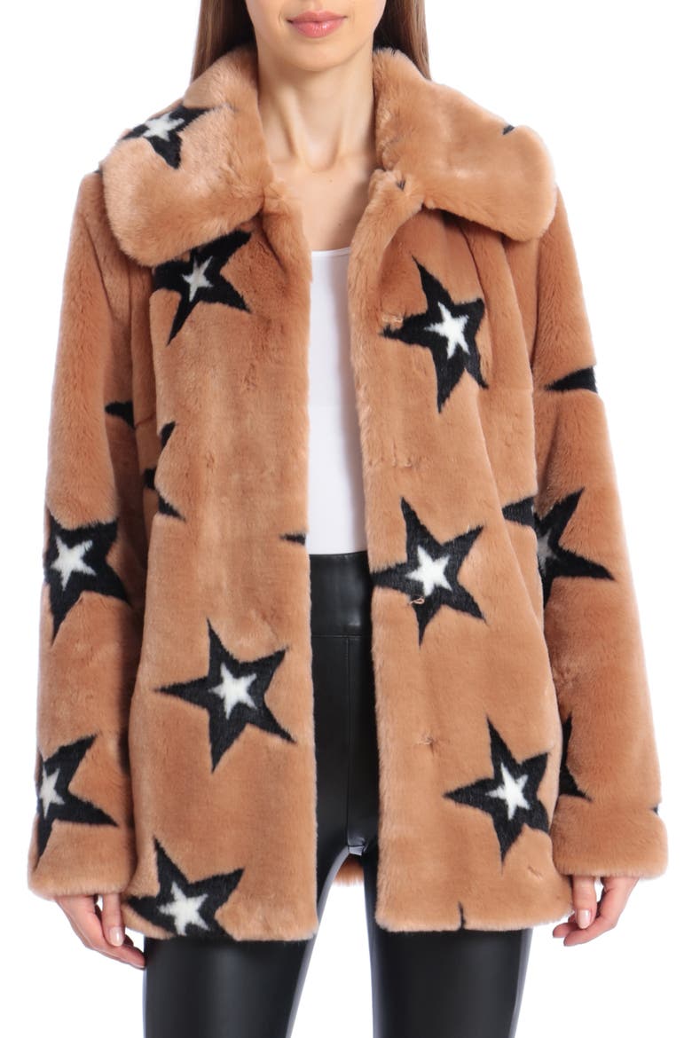 Star Print Faux Fur Swing Coat, Main, color, CAMEL/ BLACK STAR