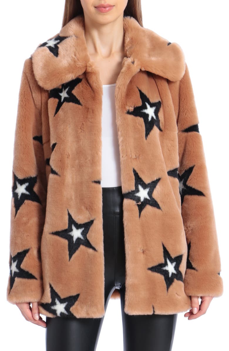 Avec Les Filles Star Print Faux Fur Swing Coat, Main, color,