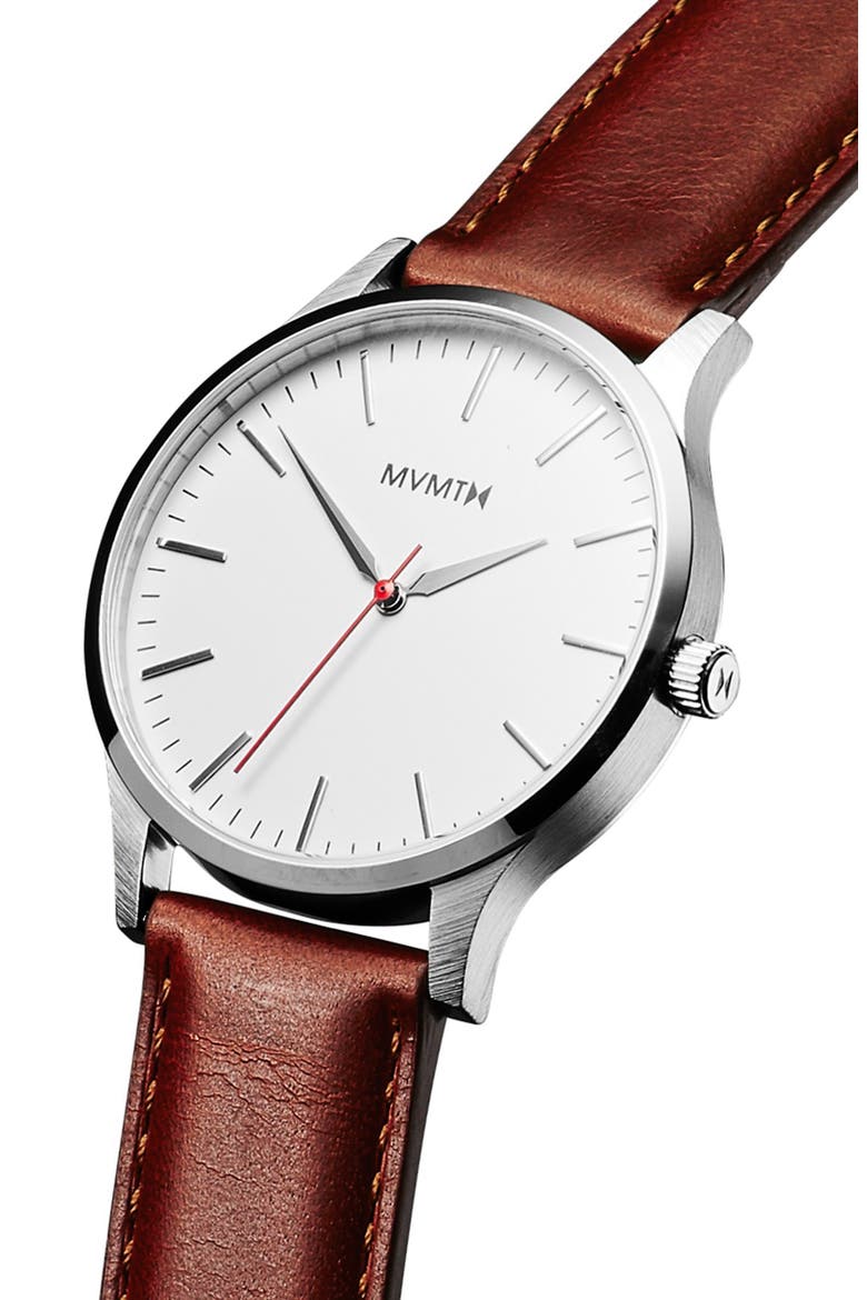 MVMT Leather Strap Watch, 40mm, Alternate, color, BROWN/ WHITE/ SILVER