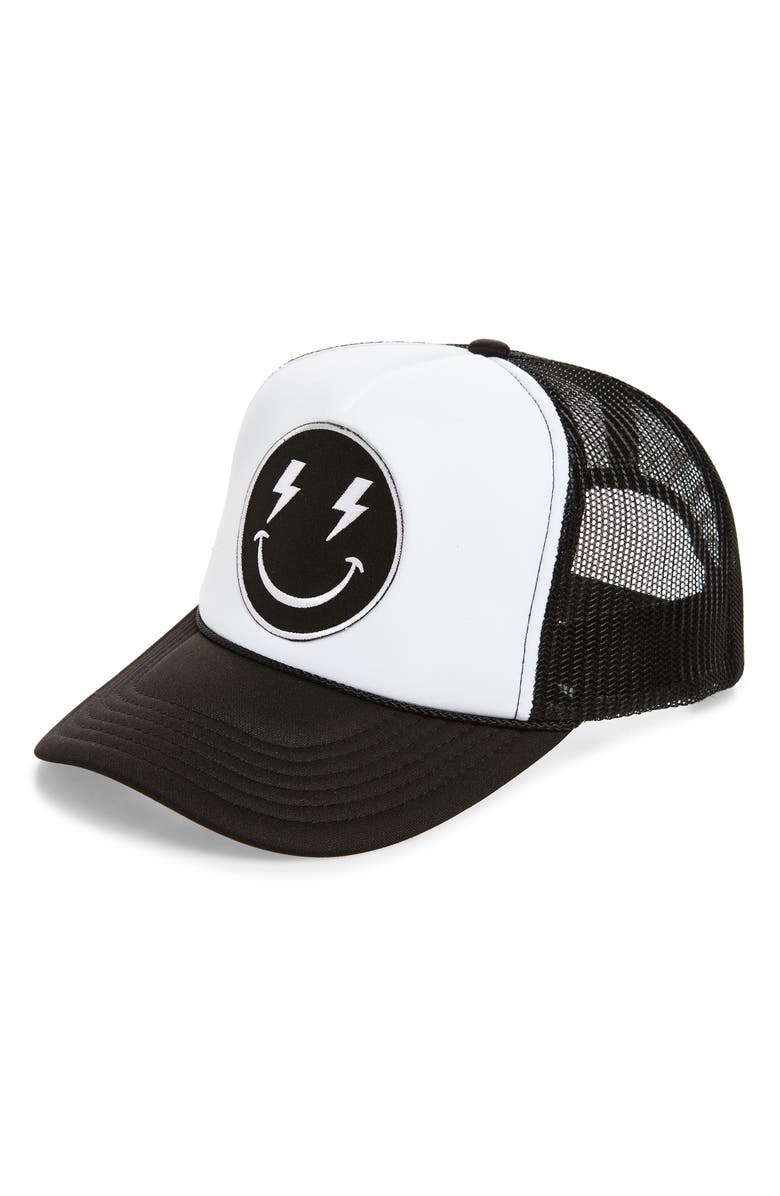 Local Beach Bolt Smiley Face Trucker Hat, Main, color, Black/ White