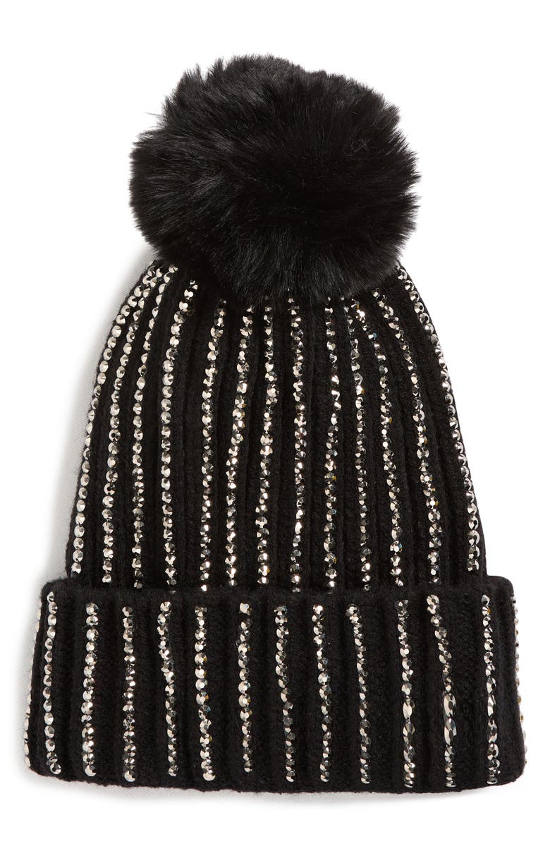 NATASHA Stone Embellished Pompom Beanie, Main, color, Black