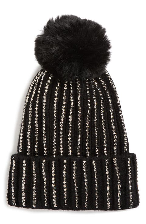 Stone Embellished Pompom Beanie