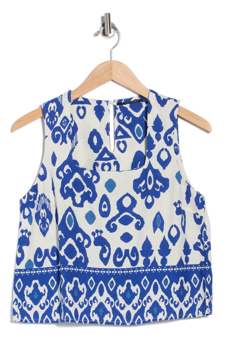 Linen Blend Print Top, Alternate, color, IVORY/ BLUE ABSTRACT