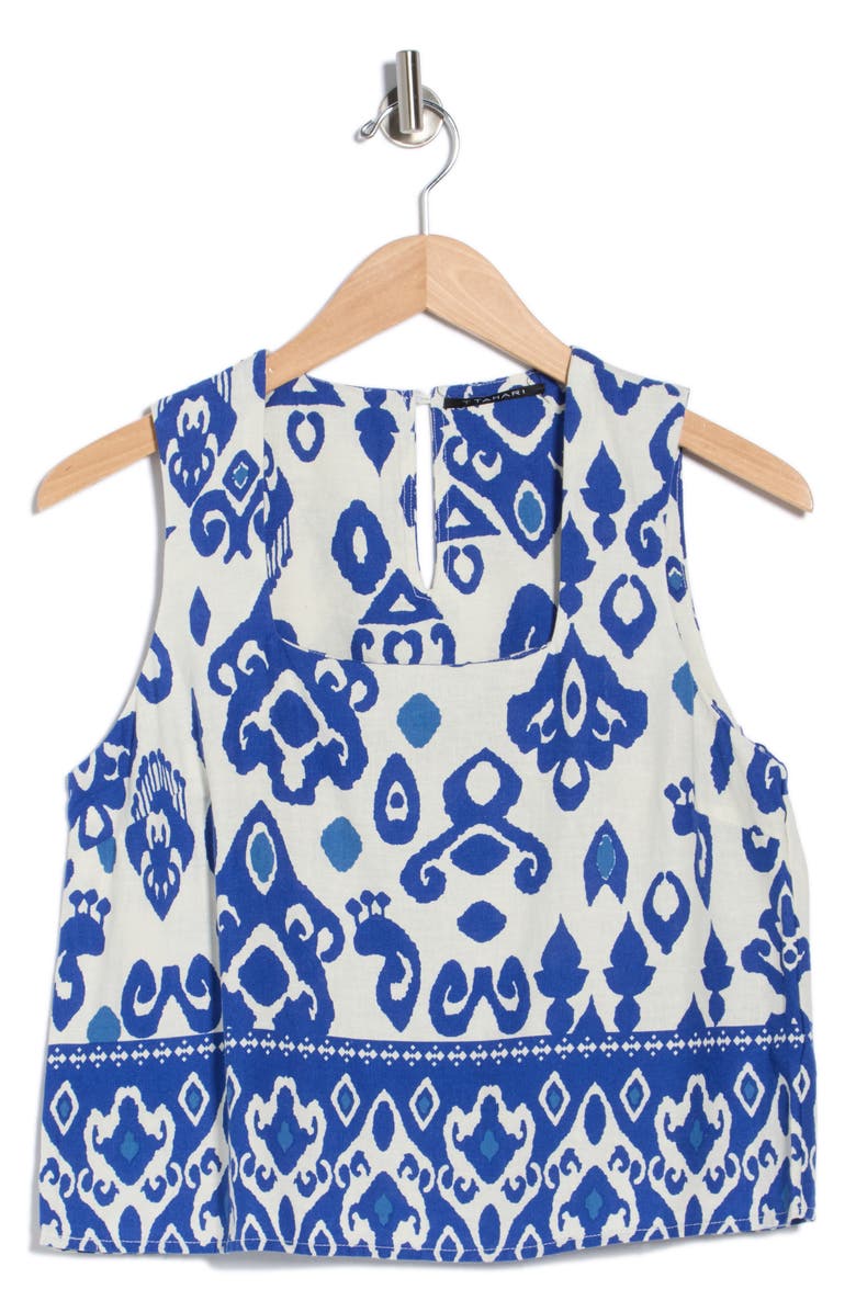 T Tahari Linen Blend Print Top, Main, color, Ivory/ Blue Abstract