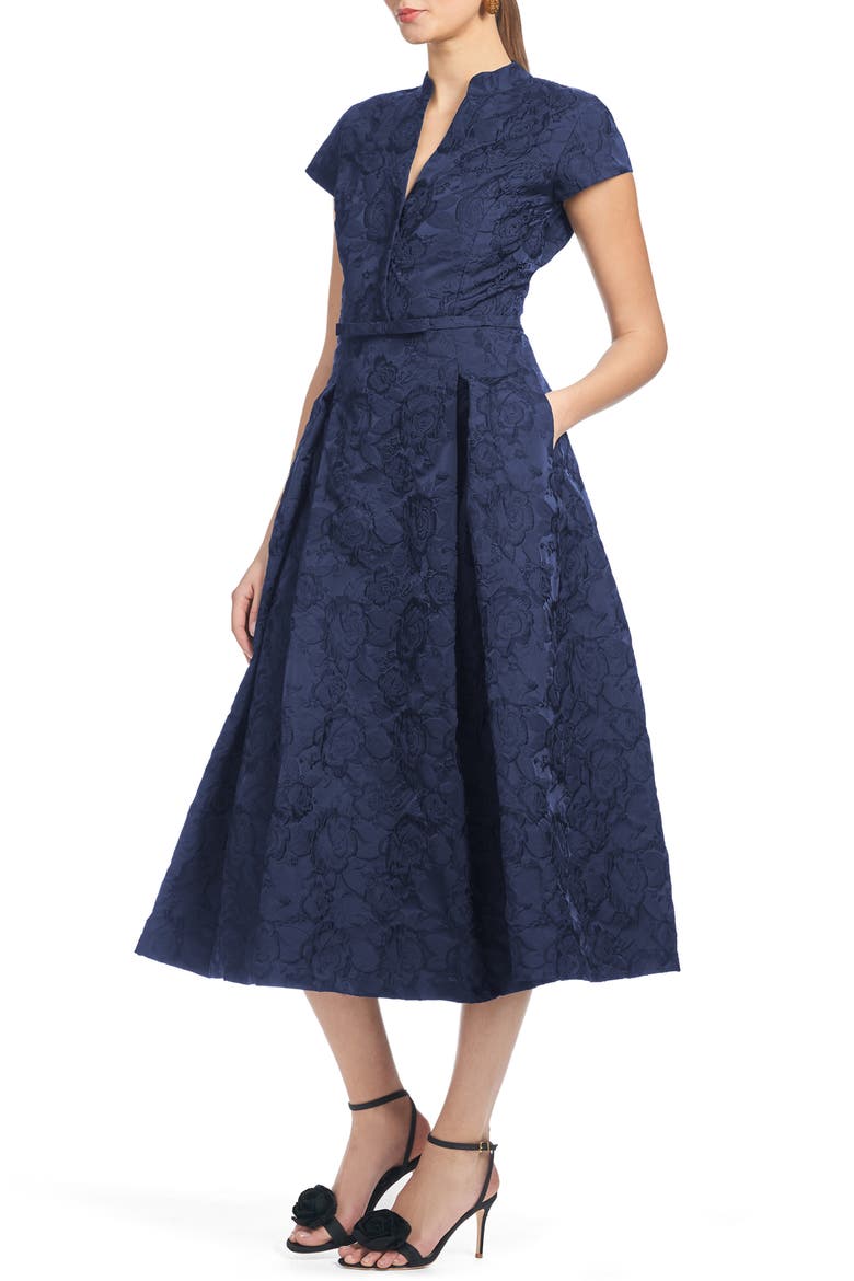 Hanna Floral Cloqué Cocktail Midi Dress, Alternate, color, WASHED INDIGO