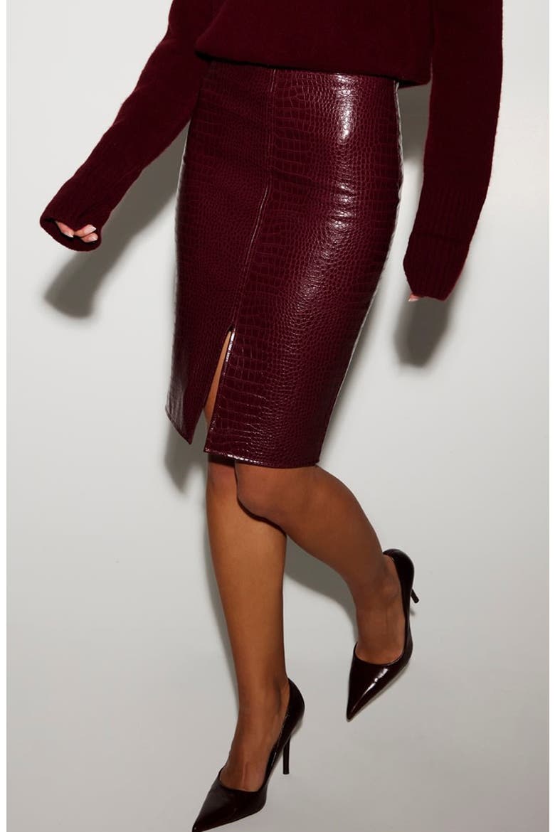 Croc Embossed Faux Leather Pencil Skirt, Main, color, RUCHE RED