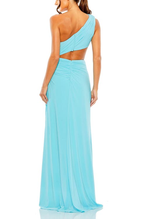 Mac Duggal Cut Out One Shoulder Ruched Back Gown In Powder Blue