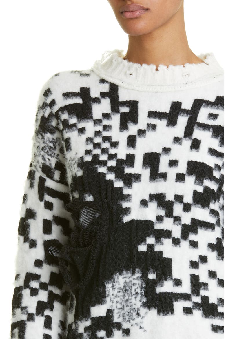 Gender Inclusive Oversize QR Code Jacquard Distressed Sweater, Alternate, color, WHITE/ BLACK