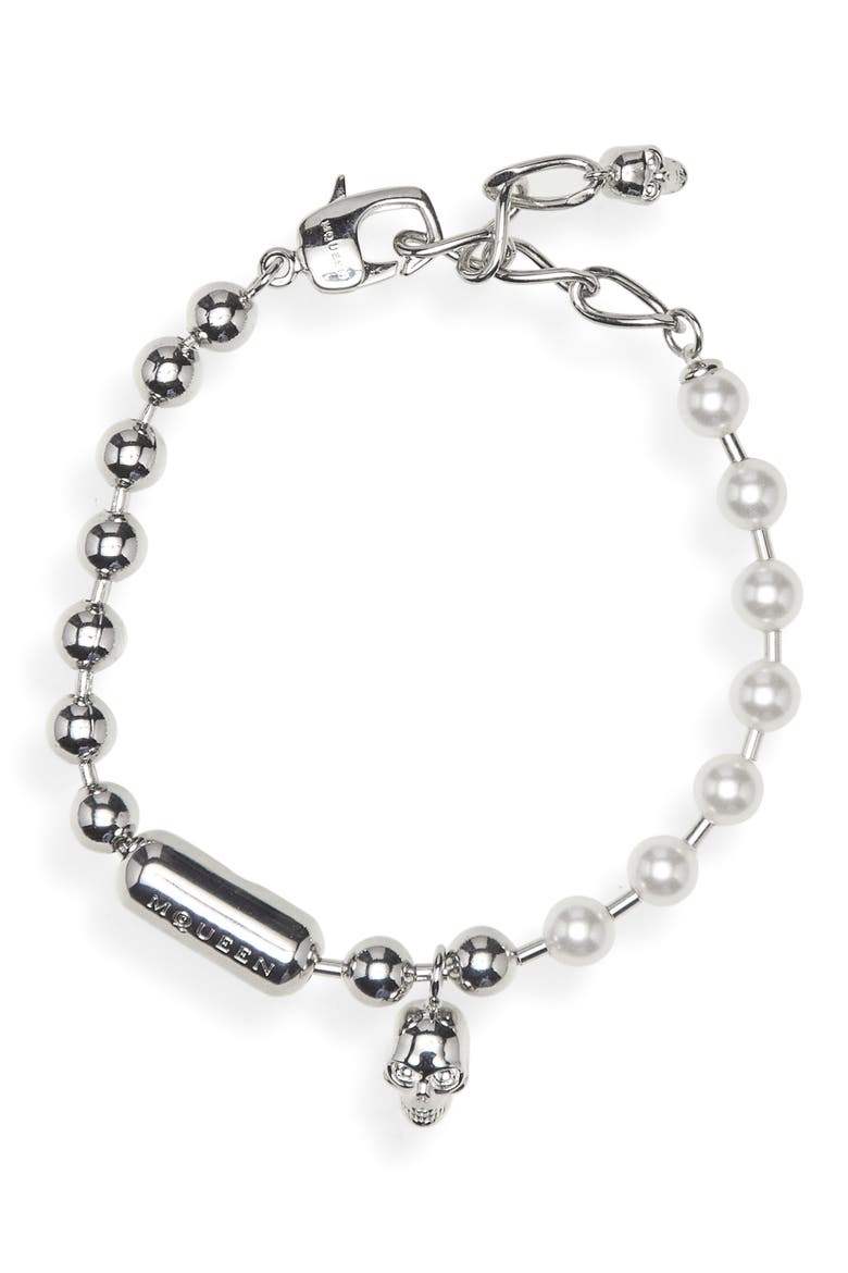 Men's Skull & Faux Pearl Bracelet, Main, color, PEARL