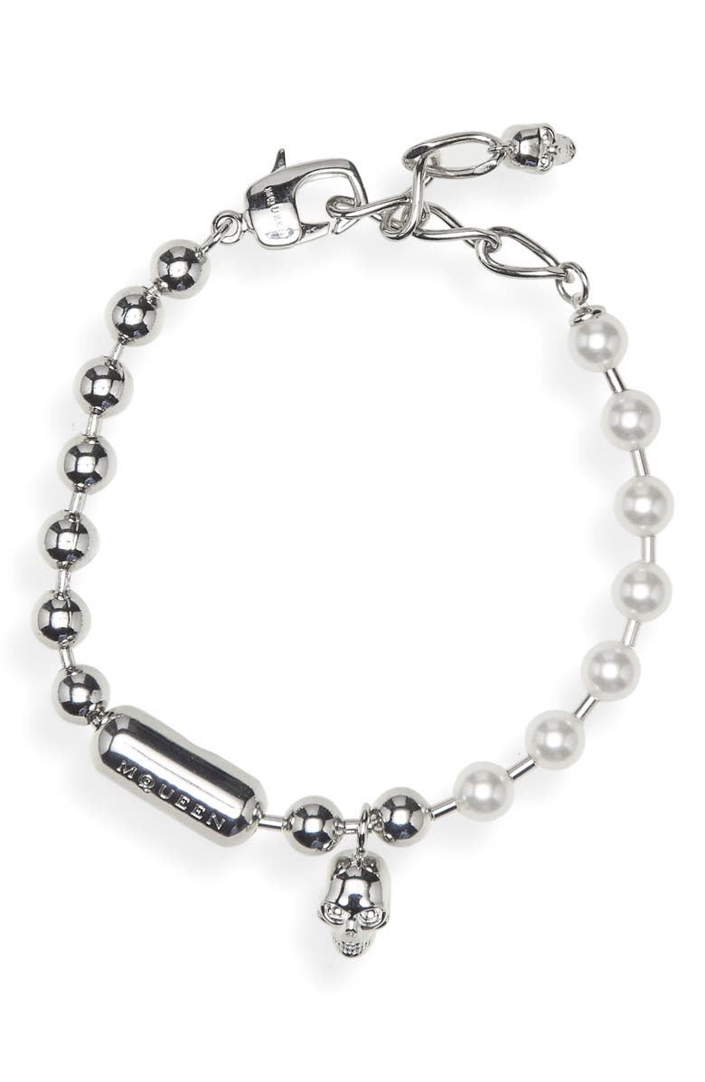 McQueen Men's Skull & Faux Pearl Bracelet, Main, color, Pearl