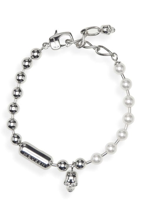 Men
s Skull 
Faux Pearl Bracelet