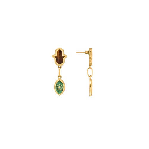 KARMA AND LUCK KARMA AND LUCK DREAMS SECURED TIGER EYE MALACHITE HAMSA EVIL EYE EARRINGS 