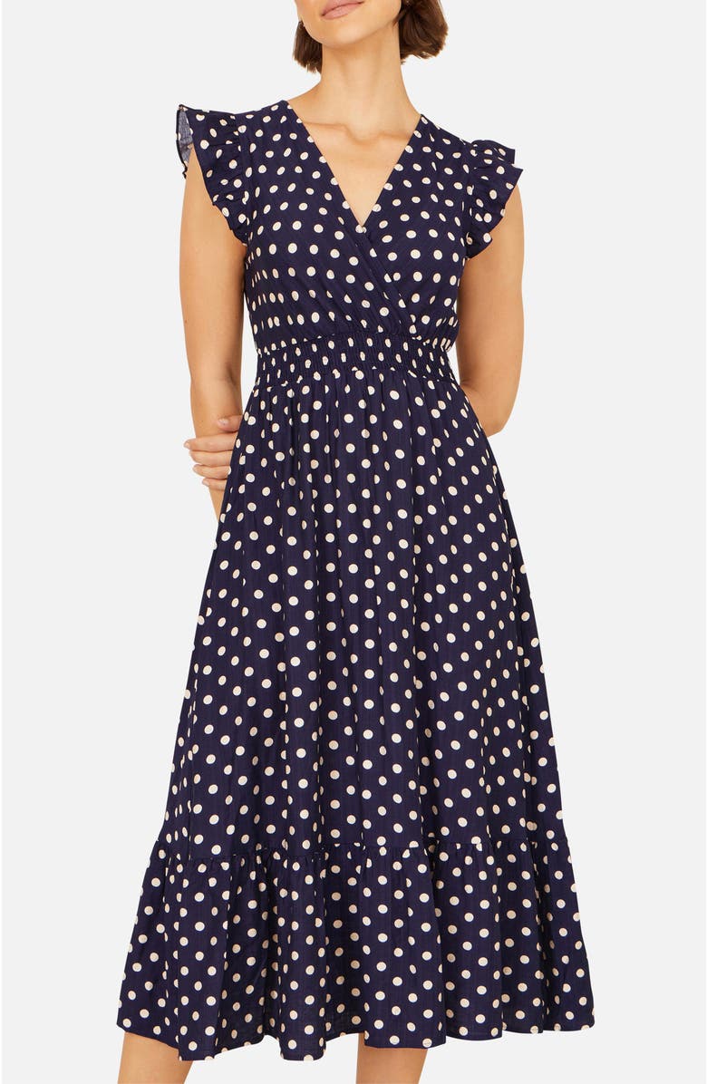Yumi Spot Ruched Waist Midi Dress, Alternate, color, Navy