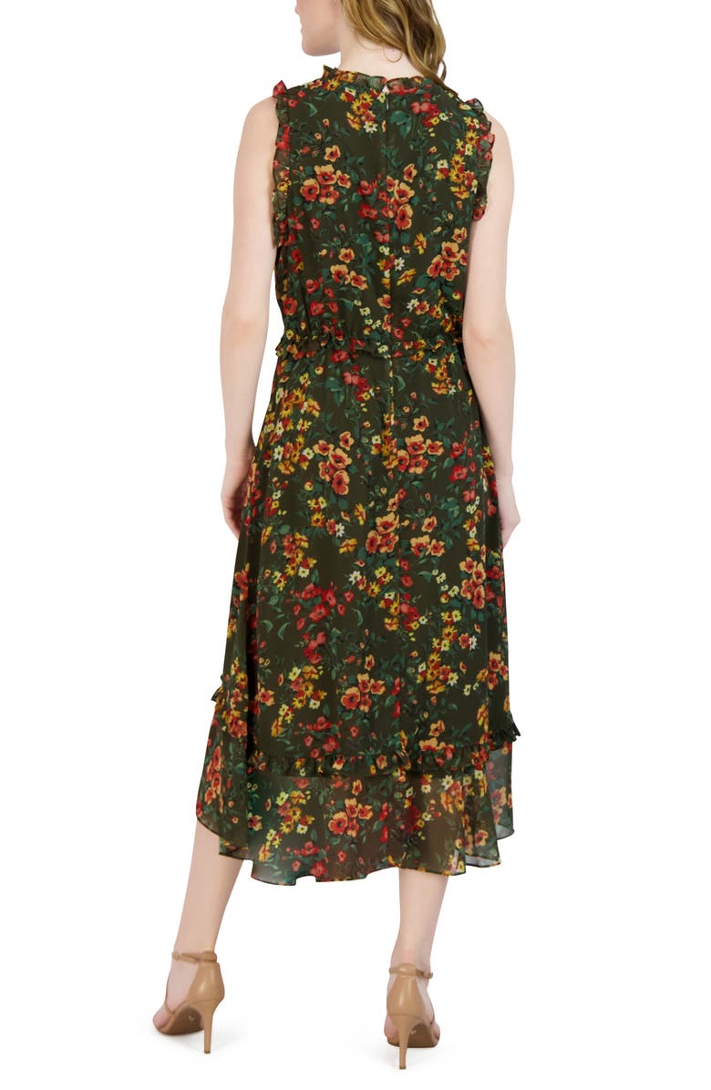 Julia Jordan Floral Sleeveless Ruffled High-Low Midi Dress, Alternate, color, Olive Multi