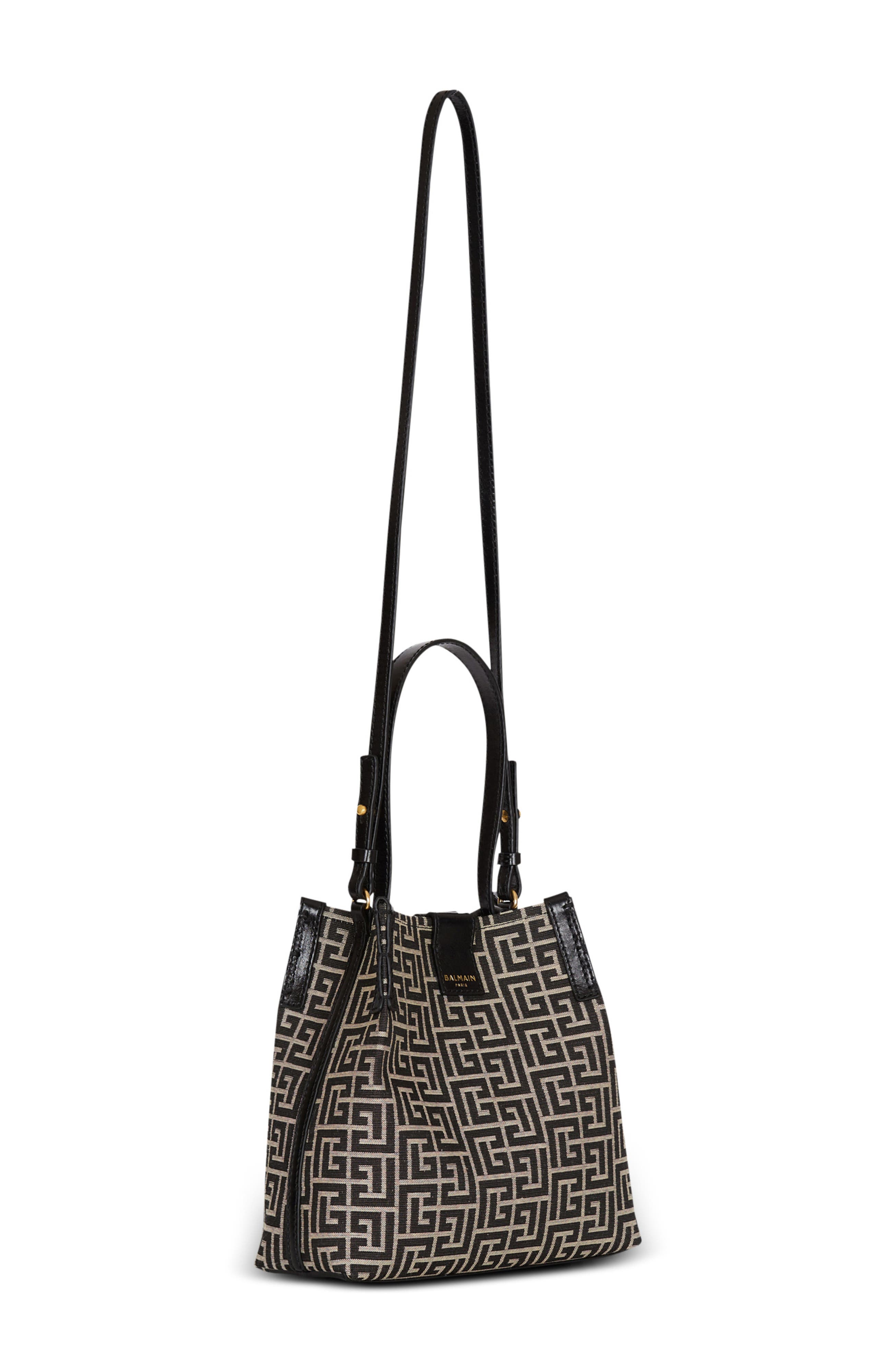 Balmain Release Bucket bag in jacquard and calfskin, Alternate, color, Black