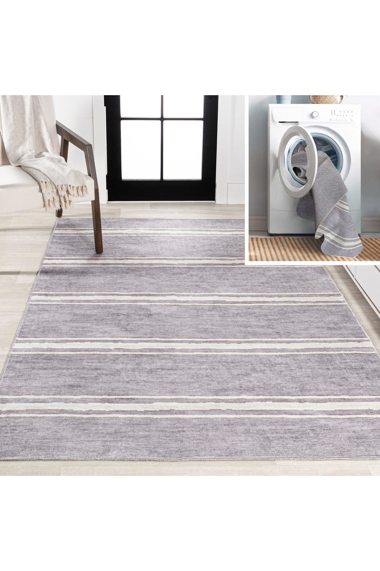 Bande Distressed Ticking Stripe Machine-Washable Area Rug, Main, color, Lavender/Ivory