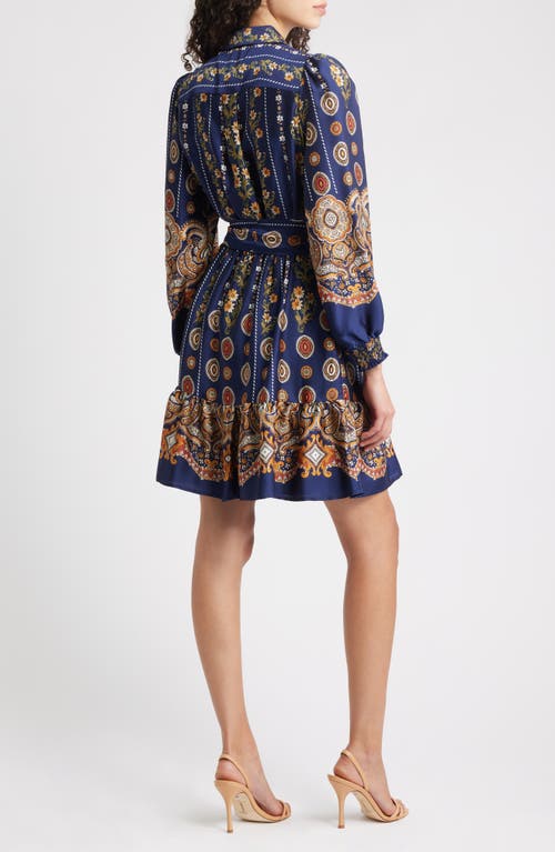 Anne Klein Medallion Print Long Sleeve Tie Waist Shirtdress In Blue
