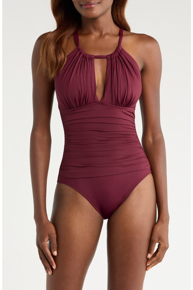 Island Goddess Convertible High Neck One-Piece Swimsuit, Alternate, color, DARK CHERRY