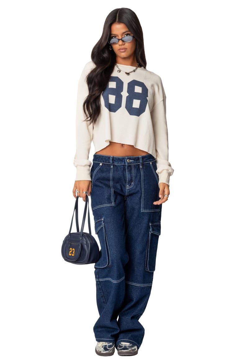 88 Crop Long Sleeve Waffle Knit Top, Alternate, color, CREAM