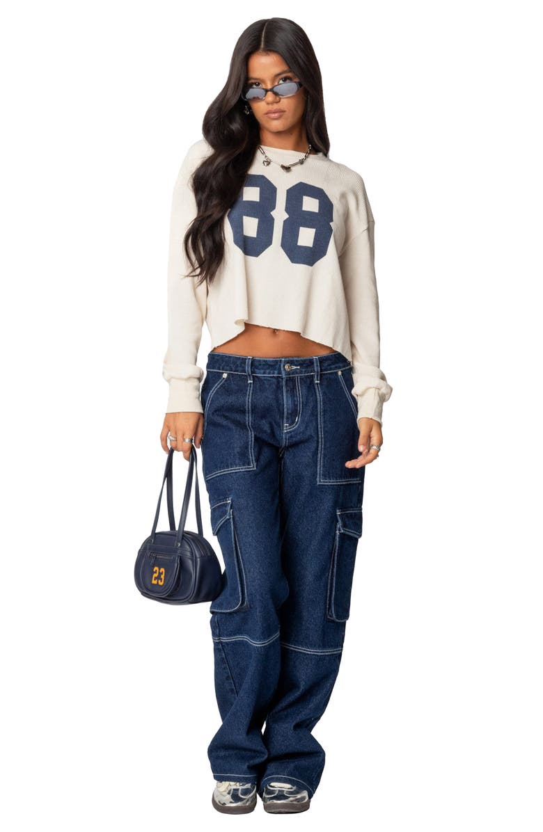 EDIKTED 88 Crop Long Sleeve Waffle Knit Top, Alternate, color, Cream