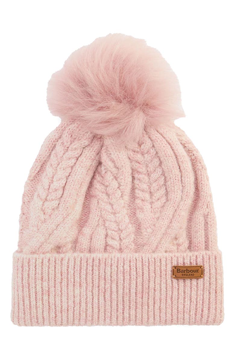 Barbour Elsdon Faux Fur Pompom Cable Stitch Beanie, Main, color, Gardenia