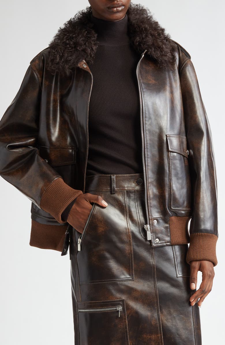 Michael Kors Collection Leather & Genuine Shearling Bomber Jacket, Main, color,