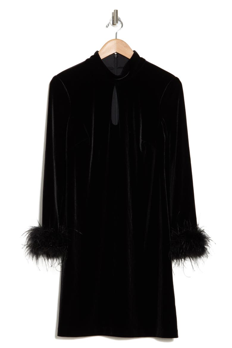 Feather Cuff Long Sleeve Velvet Cocktail Dress, Alternate, color, BLACK