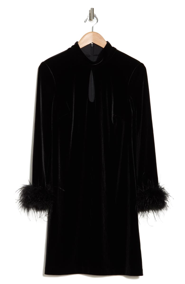 Eliza J Feather Cuff Long Sleeve Velvet Cocktail Dress, Alternate, color, Black