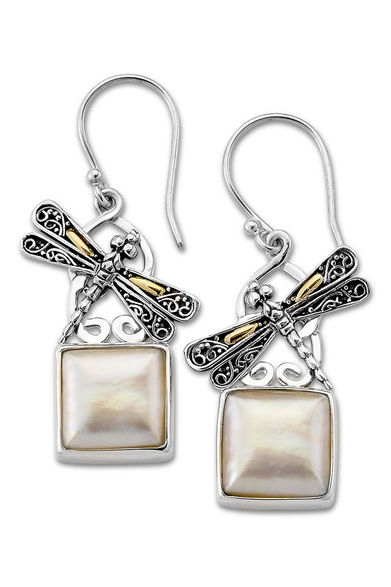 Sterling Silver & 18K Gold Mabe Pearl Dragonfly Drop Earrings, Main, color, WHITE
