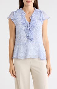 CeCe Floral Flutter Sleeve Ruffle Peplum Top