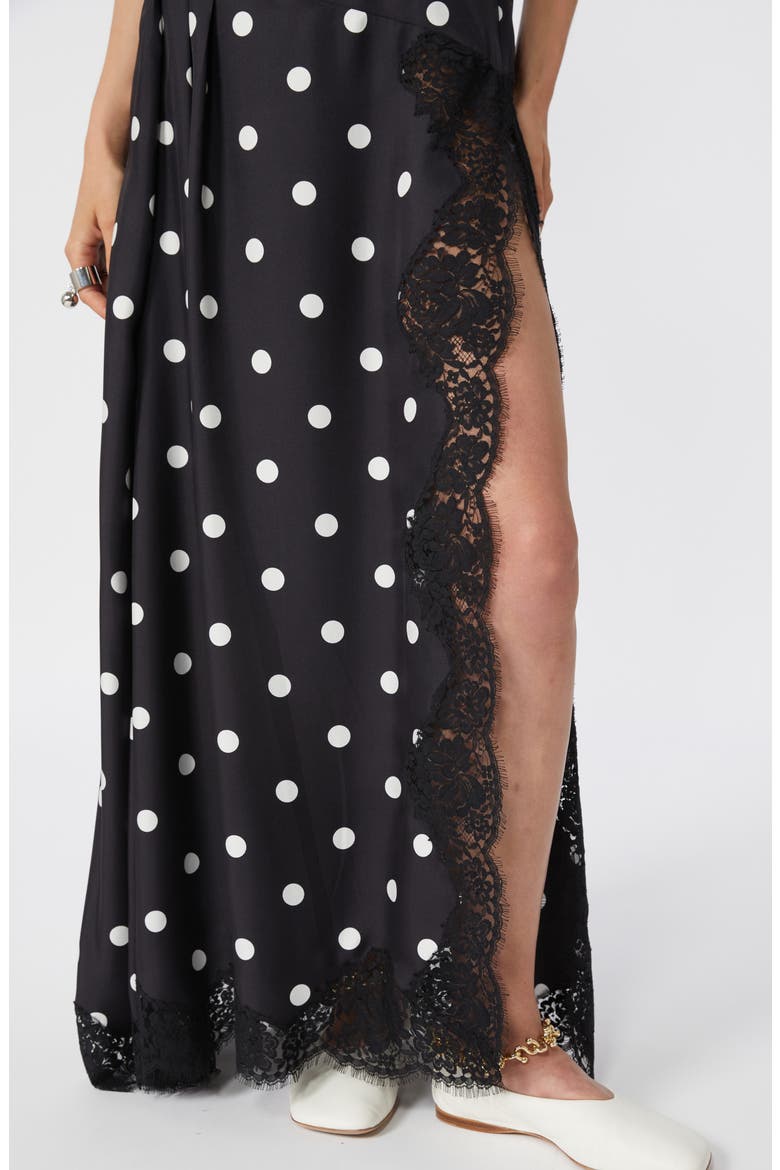 Capo Polka Dot Lace Trim Silk Slipdress, Alternate, color, BLACK