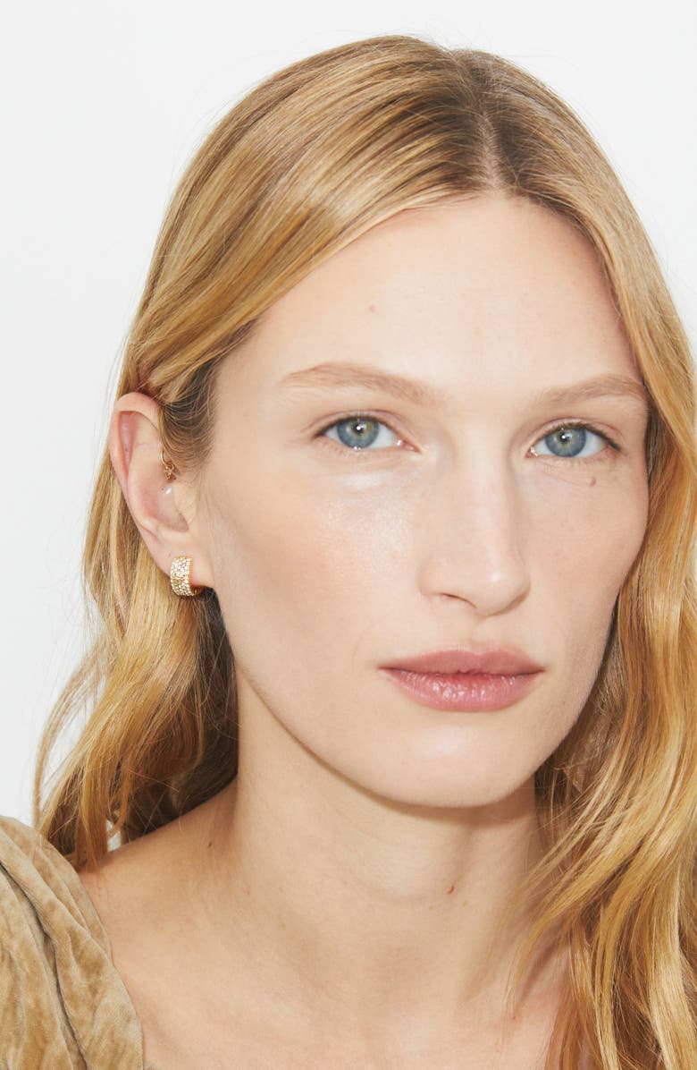 Tory Burch Icon Pavé Huggie Earrings, Alternate, color, Tory Gold / Crystal