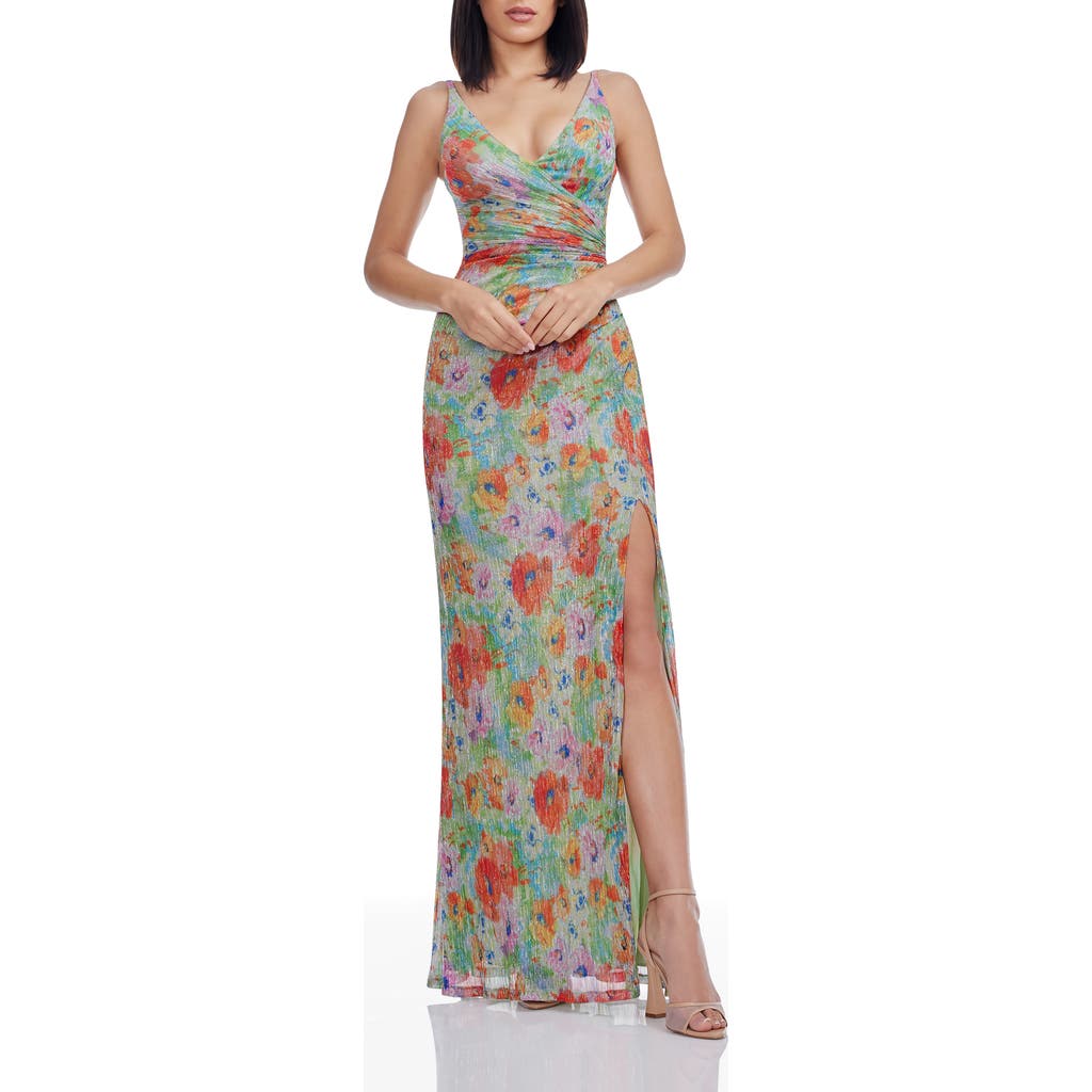 DRESS THE POPULATION DRESS THE POPULATION JORDAN METALLIC FLORAL RUCHED MERMAID GOWN