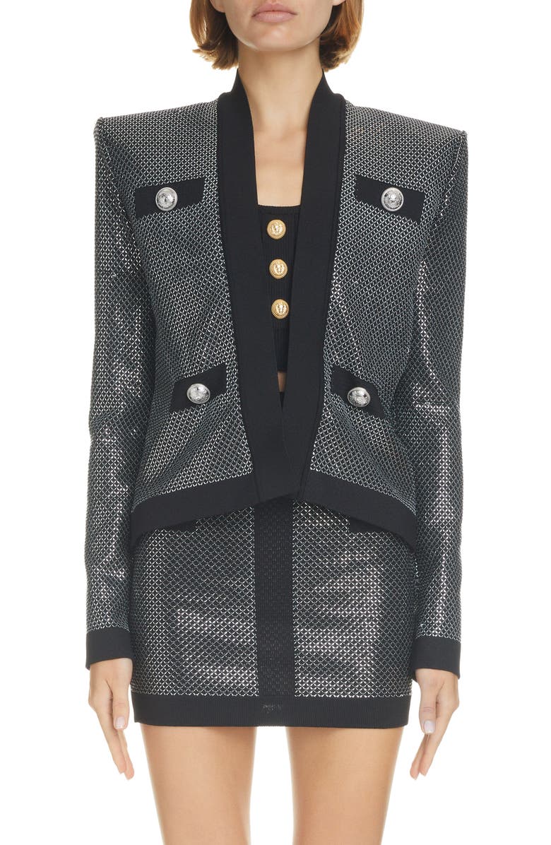 Balmain Side-to-Side Lattice Open Front Knit Jacket, Main, color, Eac Noir/ Argent